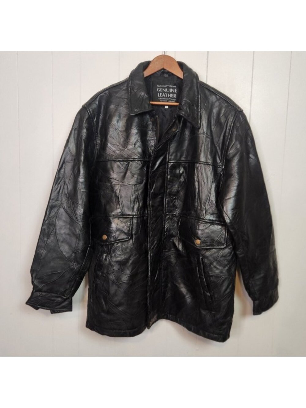 Vintage Maxam Leather Jacket 1990s Italian Mosaic Patchwork Black Zip Medium